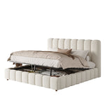 Upholstered Double Bed with Hydraulic Storage and Slatted Frame, 200x200cm, White Bouclé