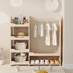 Children's Wardrobe Freestanding with Clothes Rail & 4 Shelves, Natural Wood