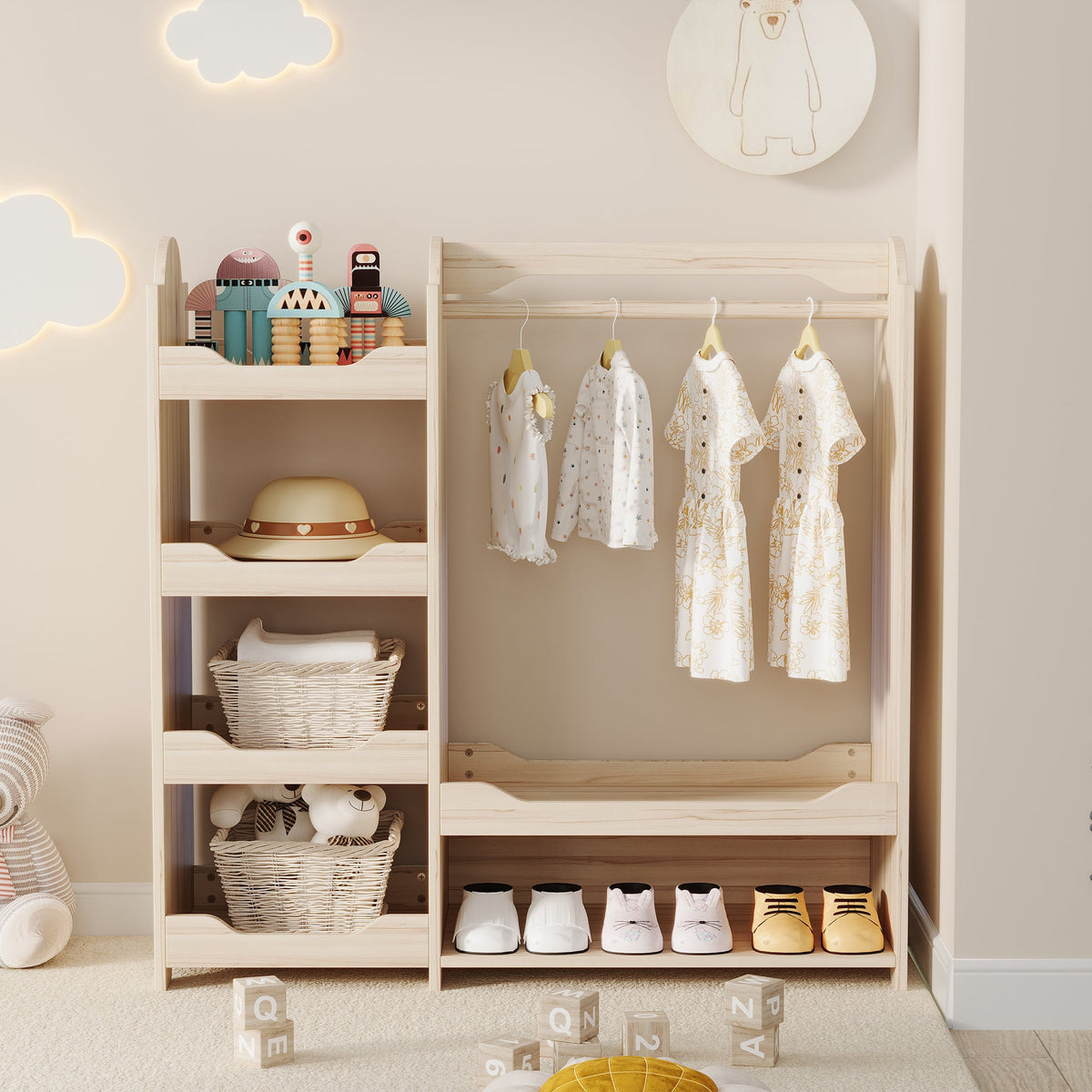 Children's Wardrobe Freestanding with Clothes Rail & 4 Shelves, Natural Wood