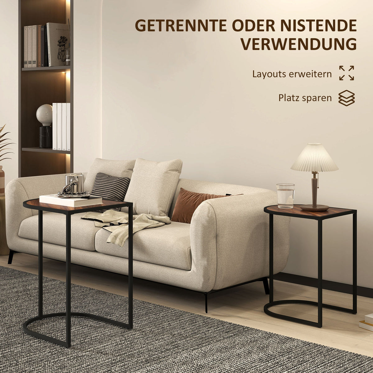 Set of 2 Coffee Tables, Square Stackable Side Tables, Steel, Brown + Black
