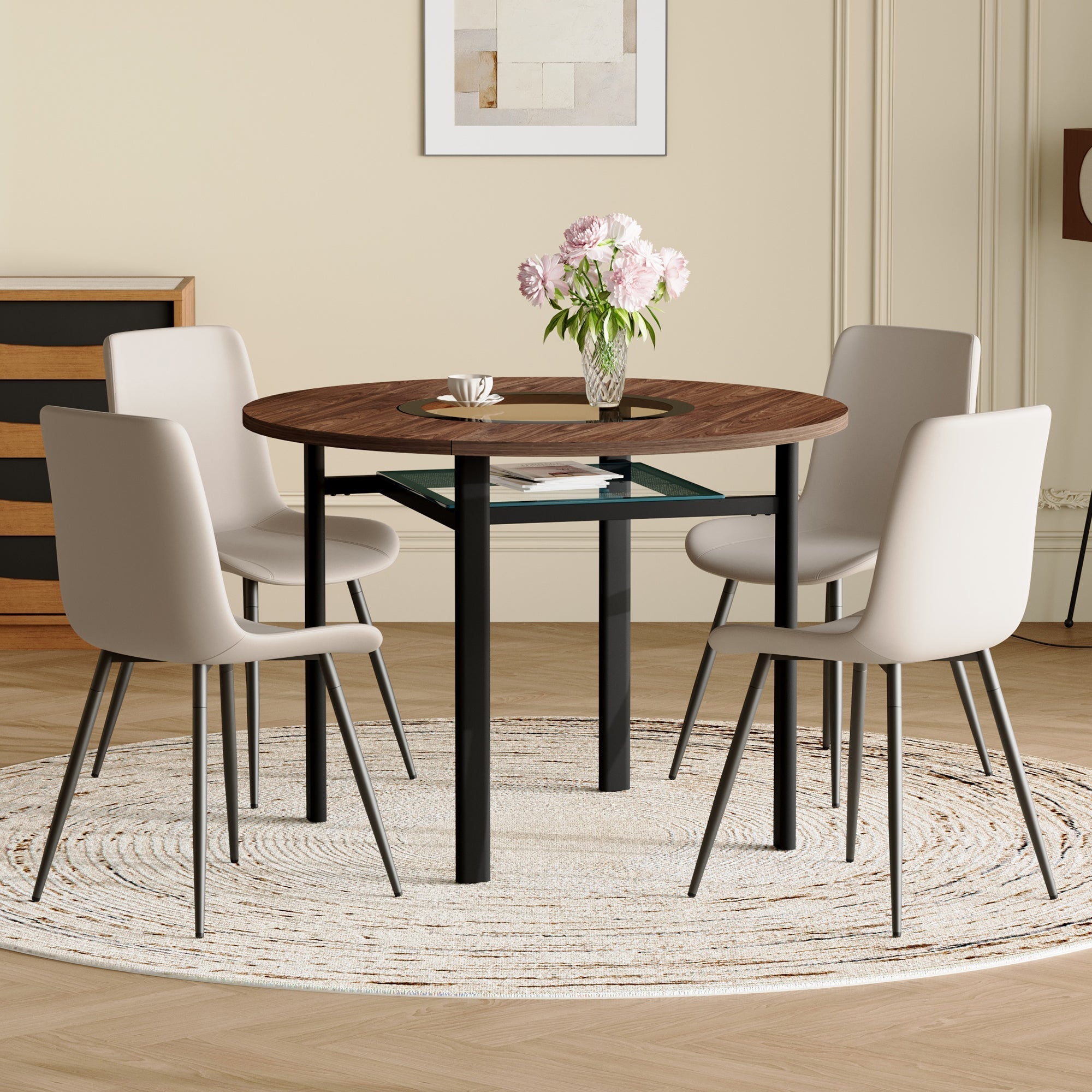 Round Table Set, Modern Minimalist 100cm with Storage and 4 Chairs, Brown Wood Look/Warm Grey PU