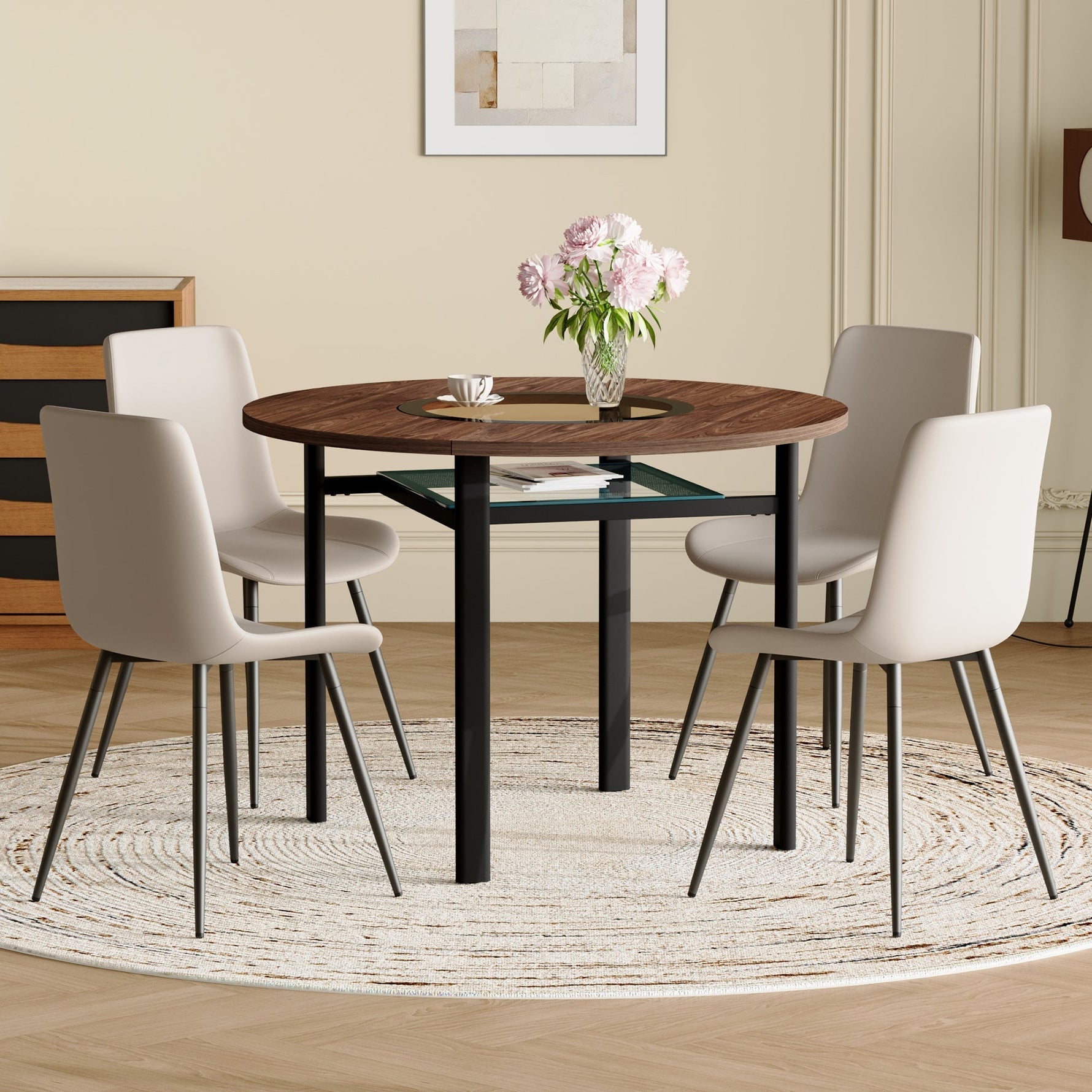Round Table Set, Modern Minimalist 100cm with Storage and 4 Chairs, Brown Wood Look/Warm Grey PU