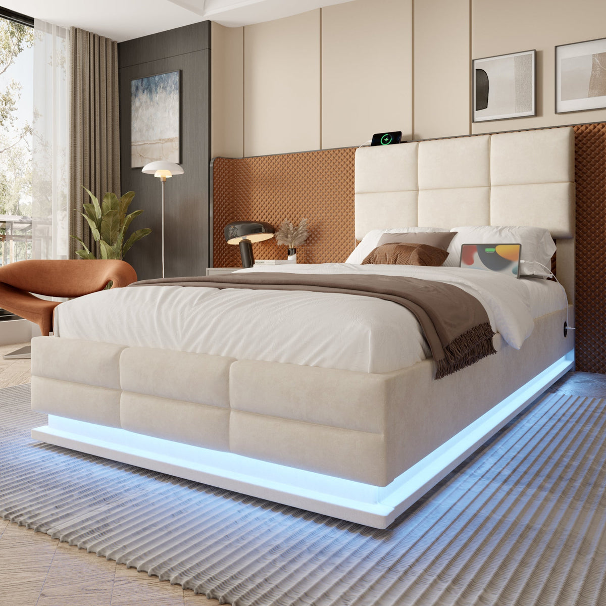 Modern Velour Upholstered Bed 90x200cm Adjustable Headboard USB/LED Hydraulic Storage, Beige