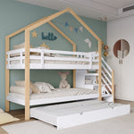 Bunk Bed, Pull-Out Treehouse with Sliding Bed & 3-Drawer Stairs, Natural + White
