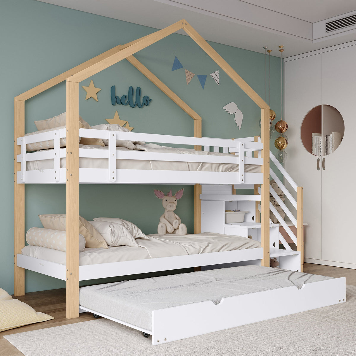 Bunk Bed, Pull-Out Treehouse with Sliding Bed & 3-Drawer Stairs, Natural + White
