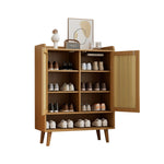 Natural rattan shoe cabinet, 2 doors and 5 shelves, with wooden handles and solid wood legs, 80x105x35 cm