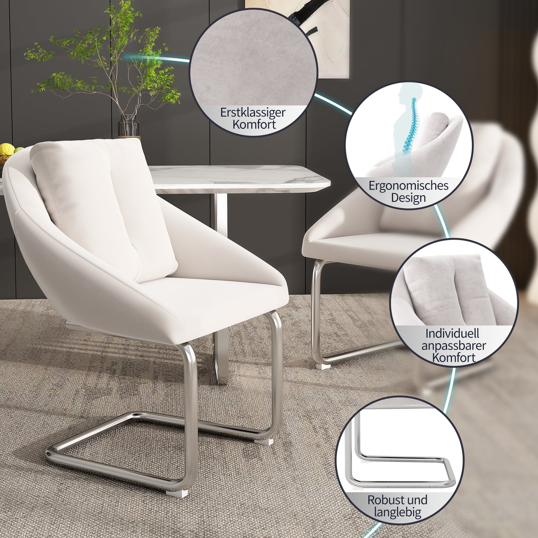 Velvet Dining Chairs, Set of 2 with Cushions, Curved Legs, Beige