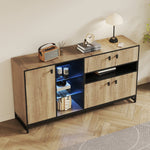 Modern Minimalist Storage Cabinet with Double Doors, Open Shelving and Glass Shelves, Wood and Metal
