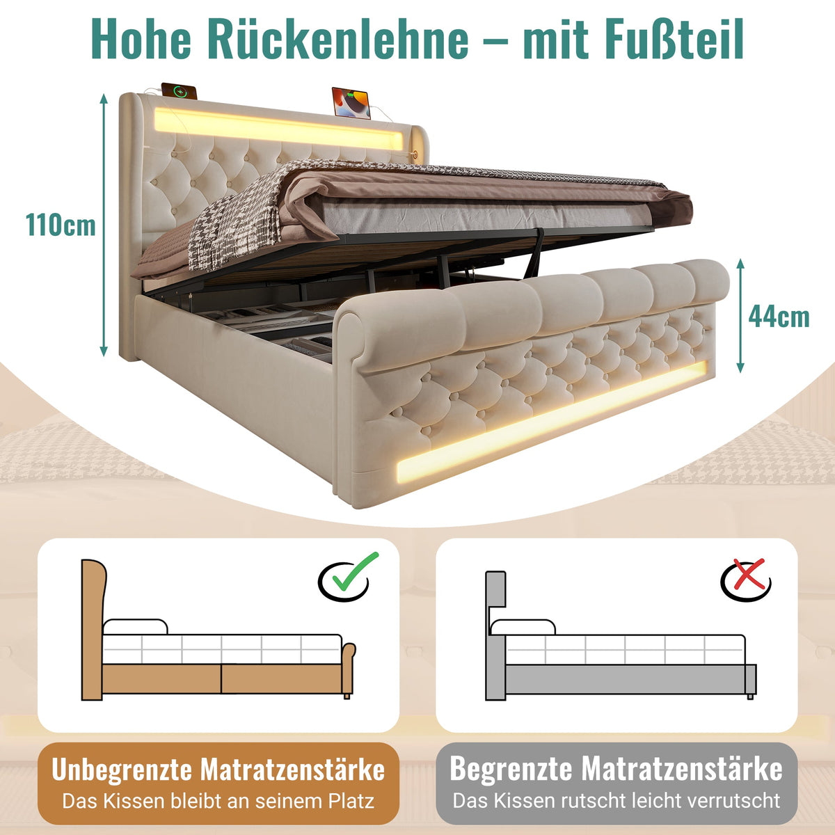 Upholstered Double Bed with LED, USB, Type-C and Hydraulic Storage, 140x190cm, Beige Velvet
