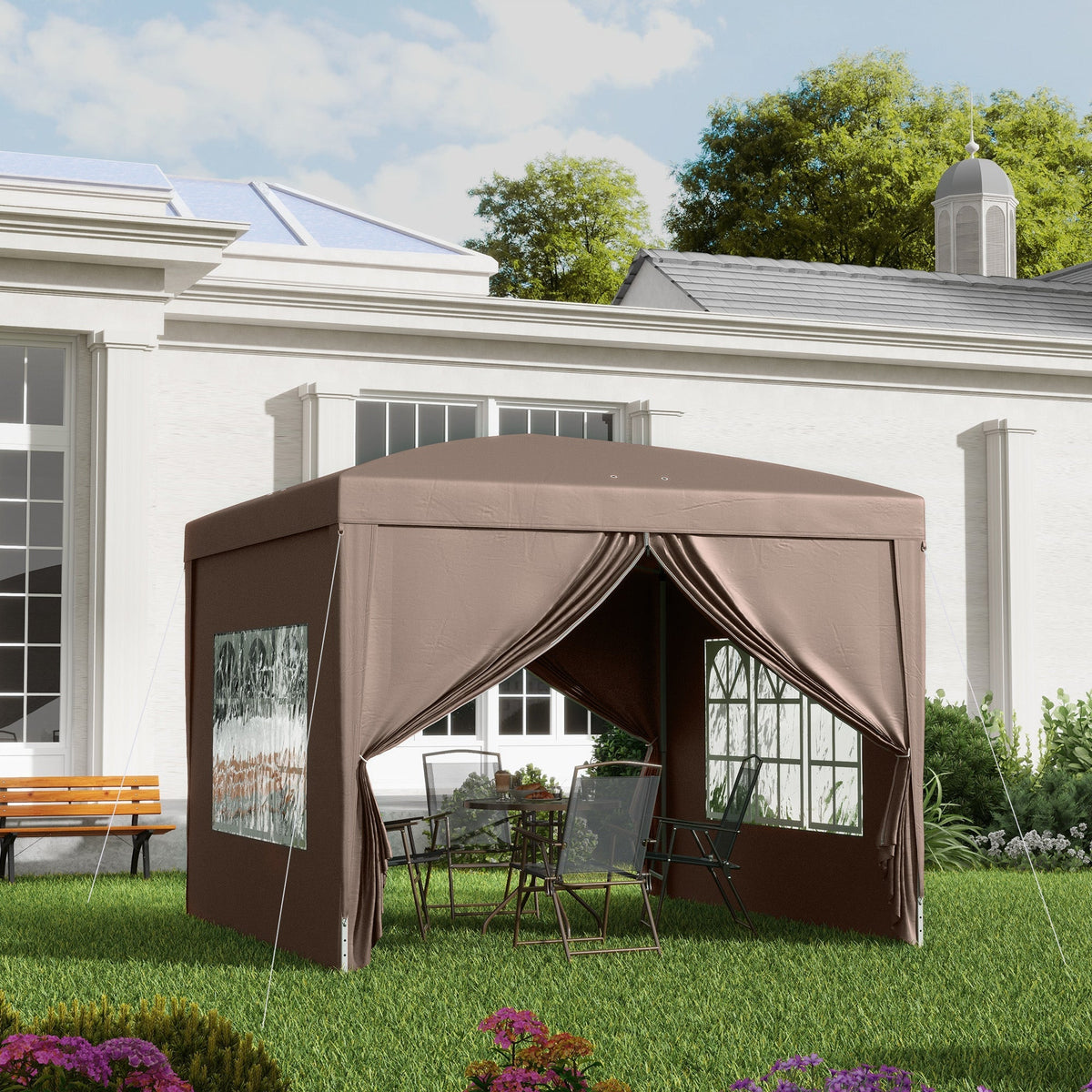 Gazebo 3x3m, Water-Repellent Stable Pop-Up with 4 Side Panels, Coffee
