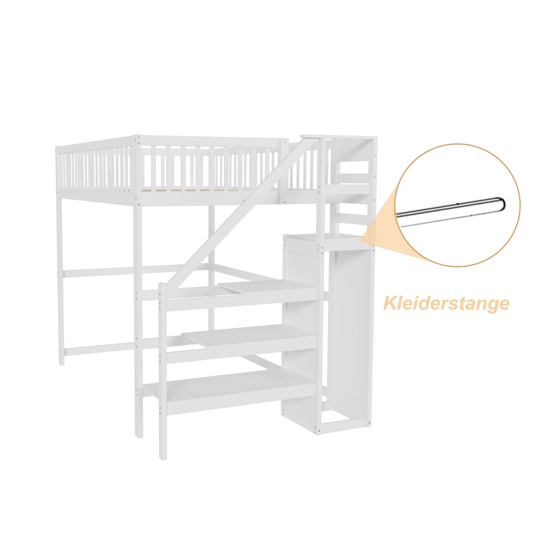 Loft Bed, 140x200 with Stairs, Storage, Wardrobe, White Wood
