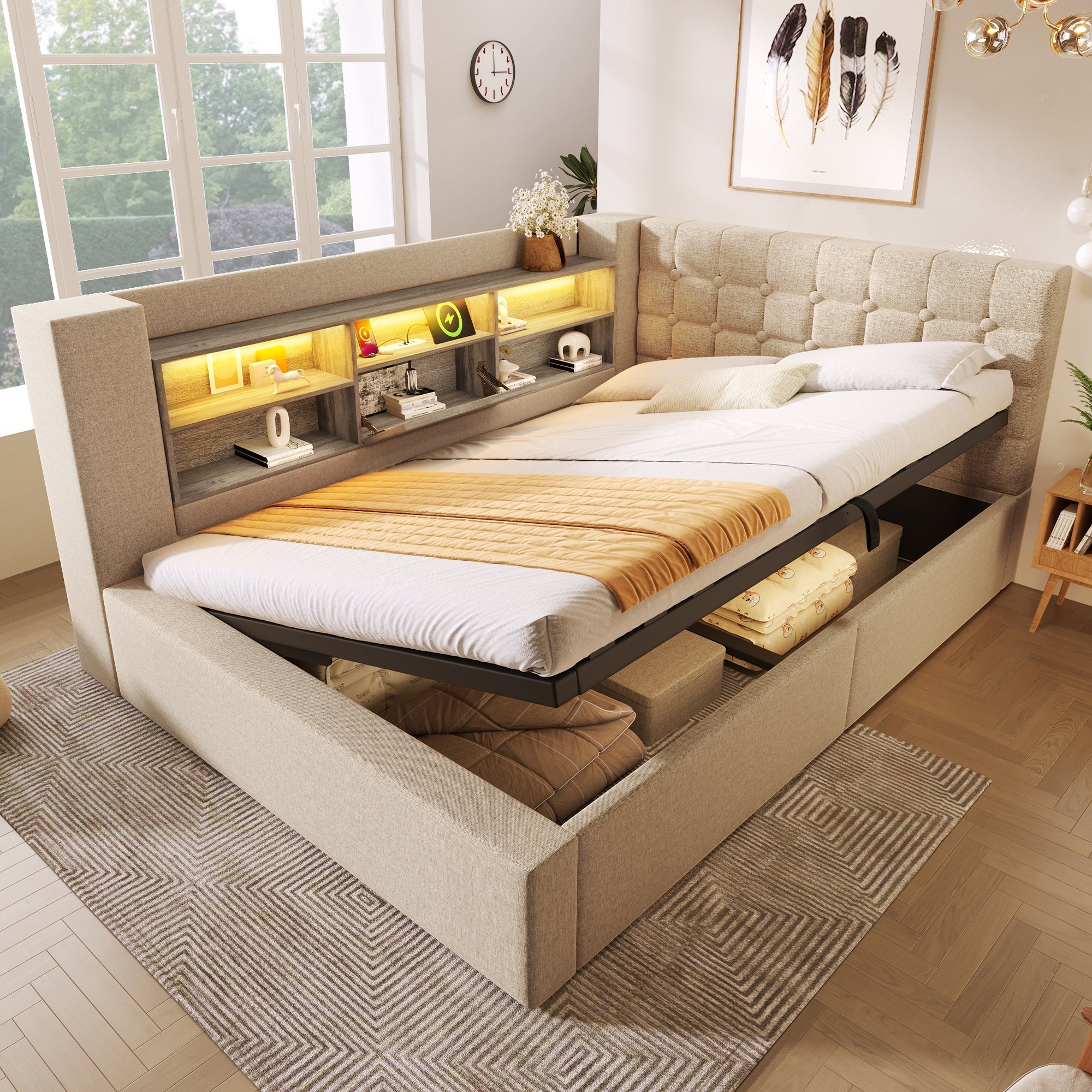 Upholstered Double Bed with LED Lighting, Hydraulic Storage and L-Shaped Headboard, Beige Linen Fabric