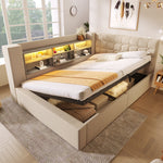 Upholstered Double Bed with LED Lighting, Hydraulic Storage and L-shaped Headboard, 140x200cm, Beige Linen