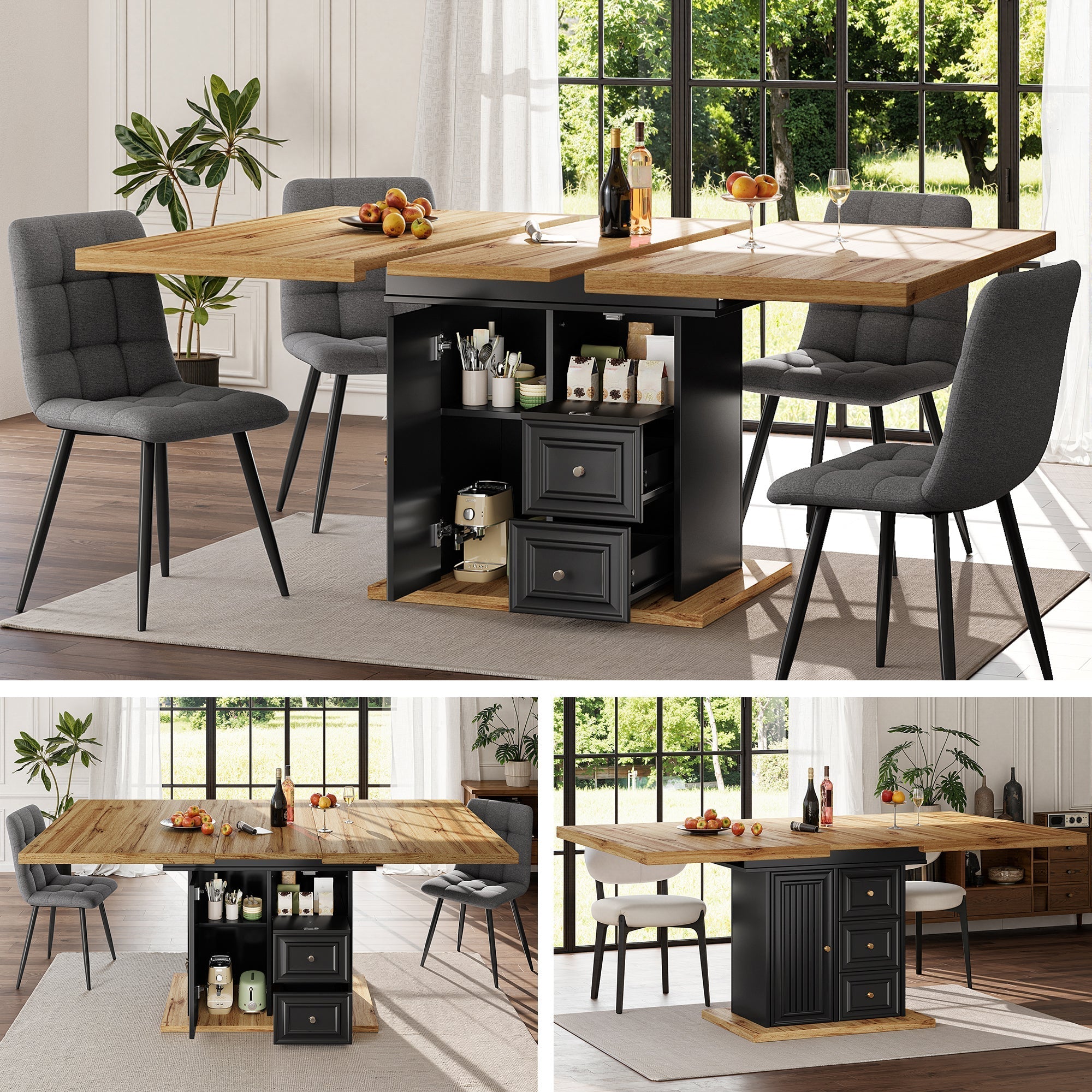 Extendable Dining Table with LED Lighting, 110-140cm, Seats 6, Wood Finish