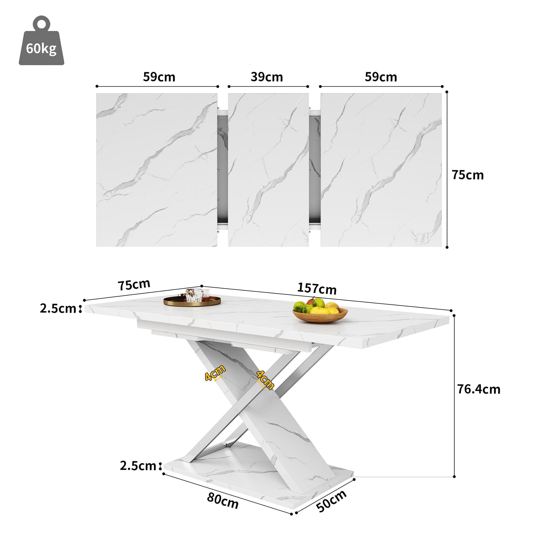 Extendable Dining Table 118-157cm Cross Legs