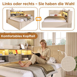 Upholstered Single Bed with LED, Hydraulic Storage and L-Shaped Headboard, 90x190cm, Beige Linen Fabric