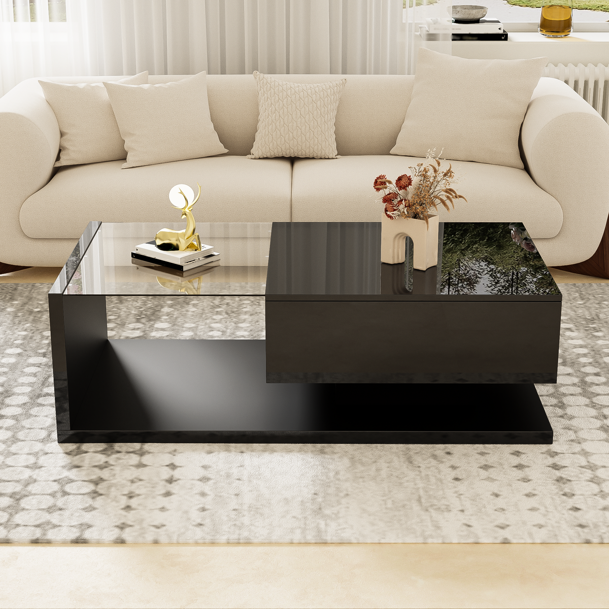 Coffee Table with Glass and LED Effect, High-Gloss Black