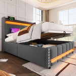 Upholstered Bed 140*200cm, LED & USB, Hydraulic Storage, Linen Fabric Grey