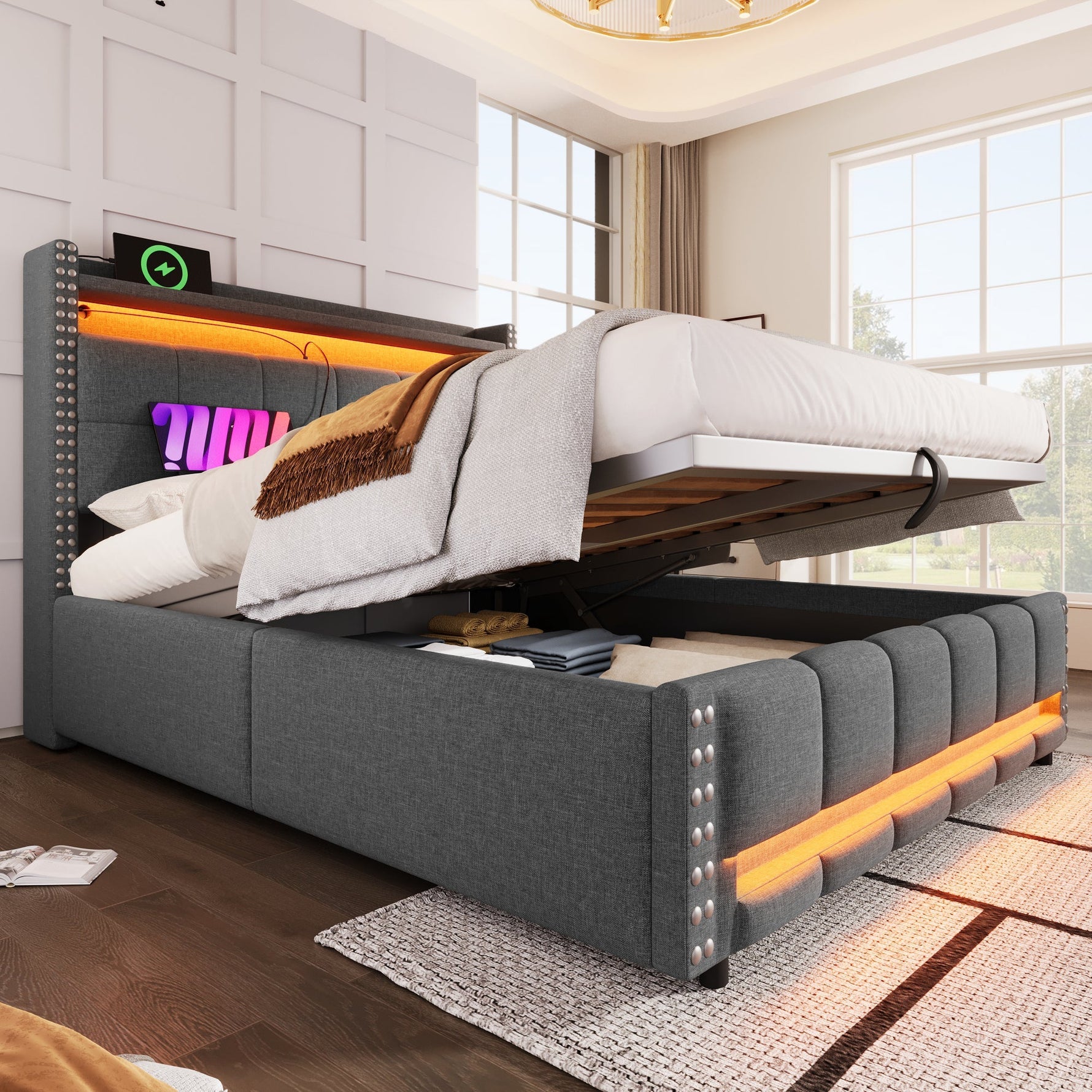 Upholstered Bed 140*200cm, LED & USB, Hydraulic Storage, Linen Fabric Grey