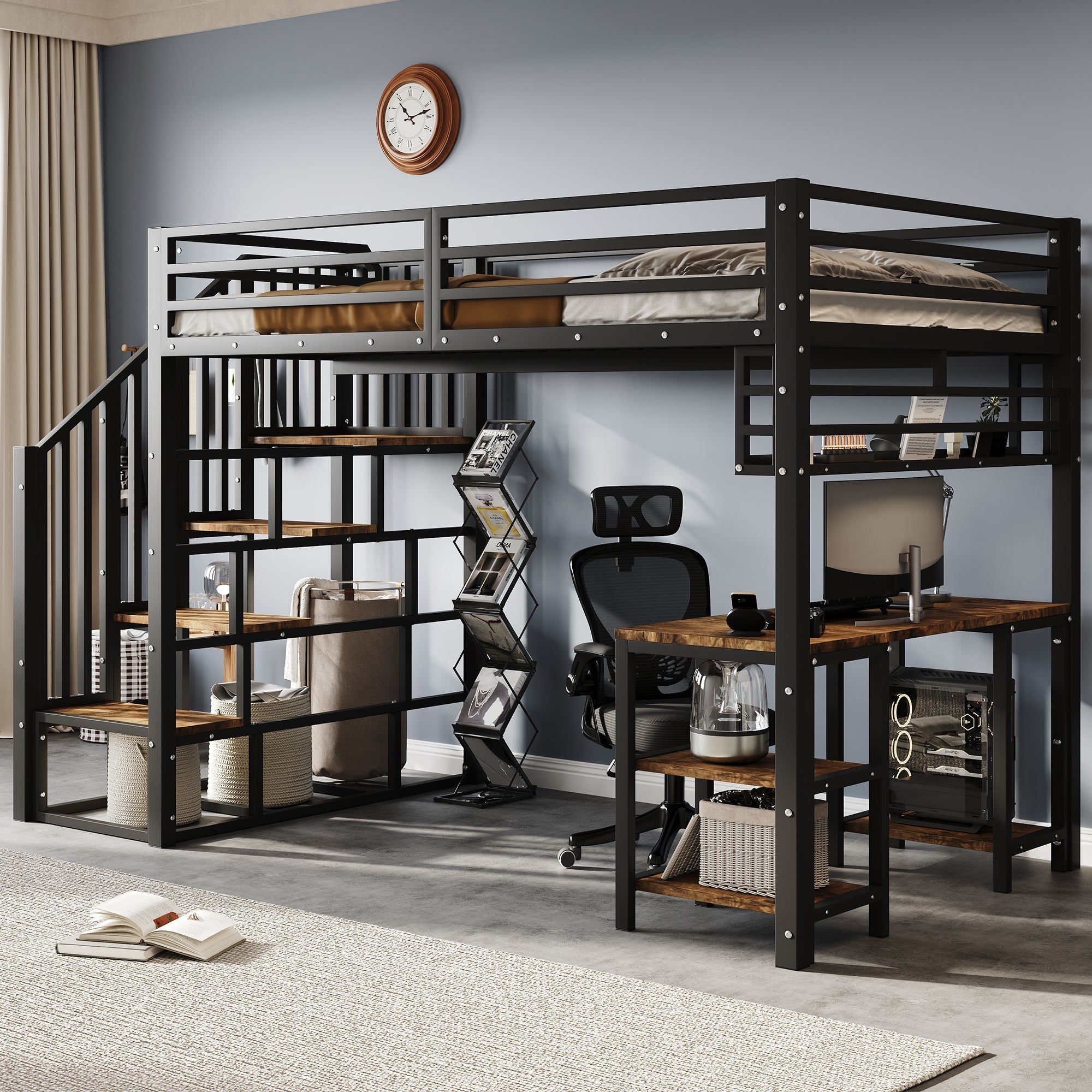 Loft Bed with Desk, Storage Stairs, Handrails, 120x200cm, Iron + Chipboard Black