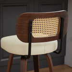 Set of 2 Counter Height Bar Stools, 26 Inch Swivel Rattan Cane Back with Upholstered Seat, Walnut and Beige