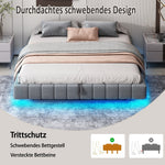 Upholstered Bed 140x200cm Floating Frame Storage LED Light Linen Grey