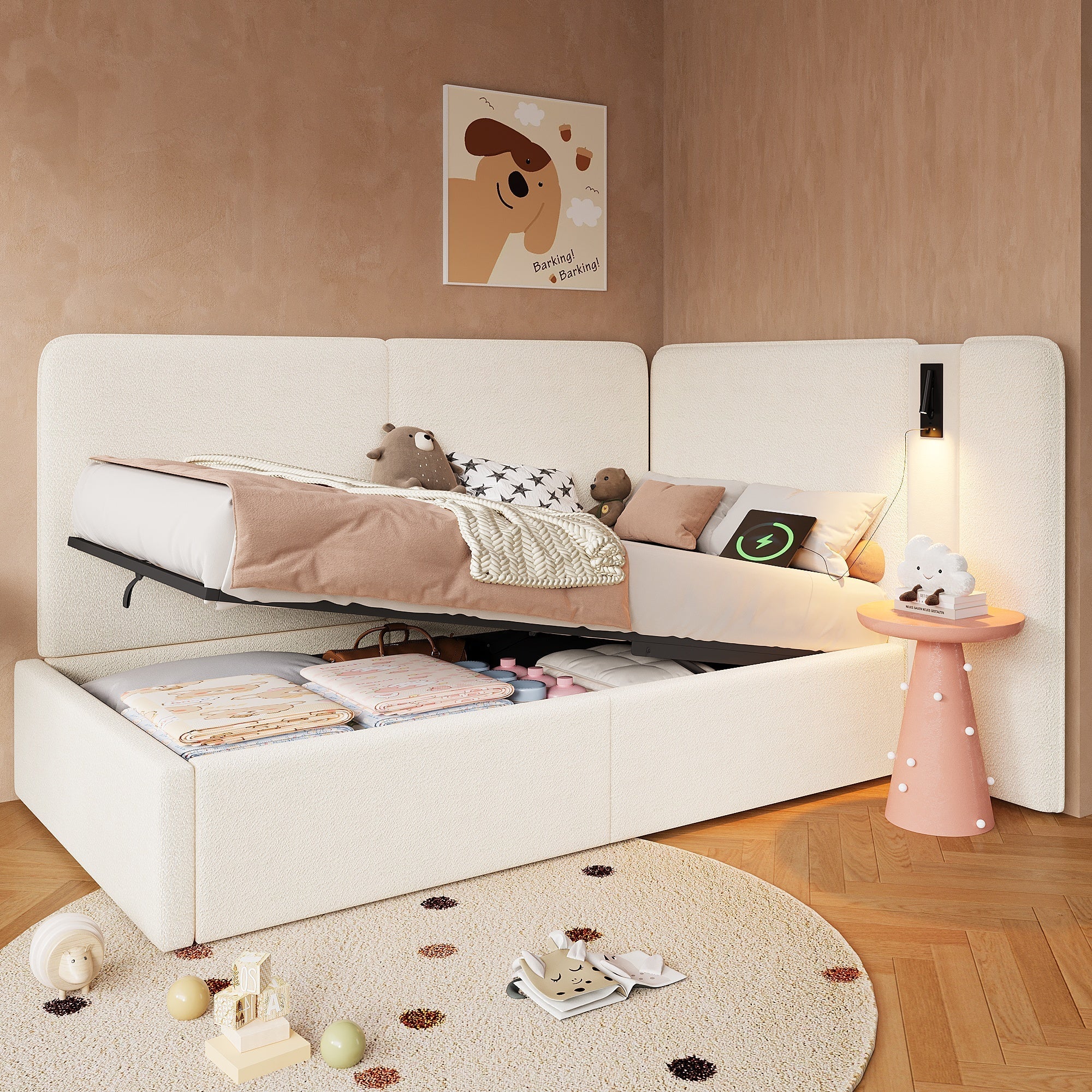 Daybed with Hydraulic Storage, USB Port and Reading Lamp, 90x200cm, Beige Boucle