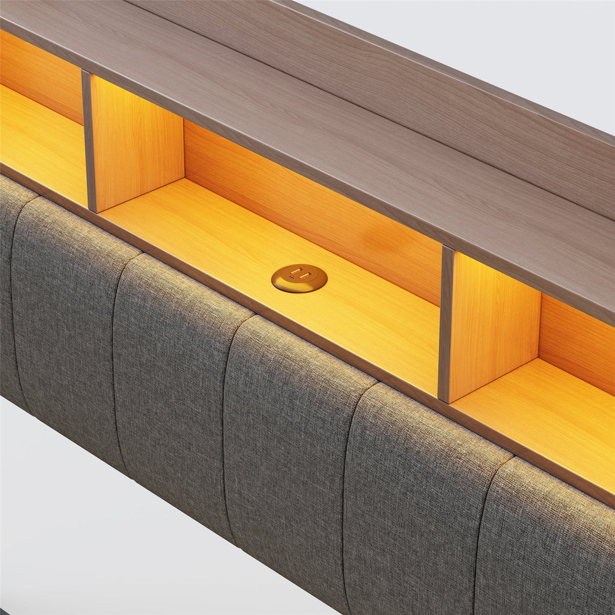 Upholstered Bed, 140*200, LED Light, USB/Type-C, Linen Fabric Gray