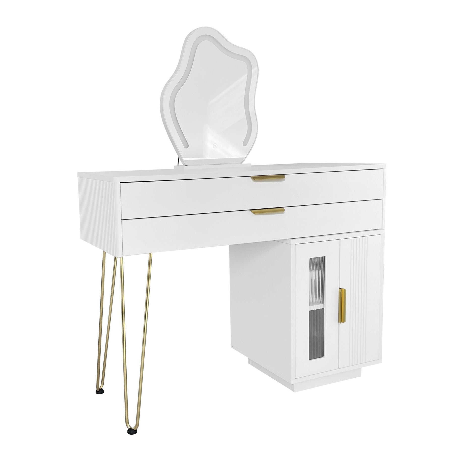 Dressing table with LED-lit mirror, extendable design, white