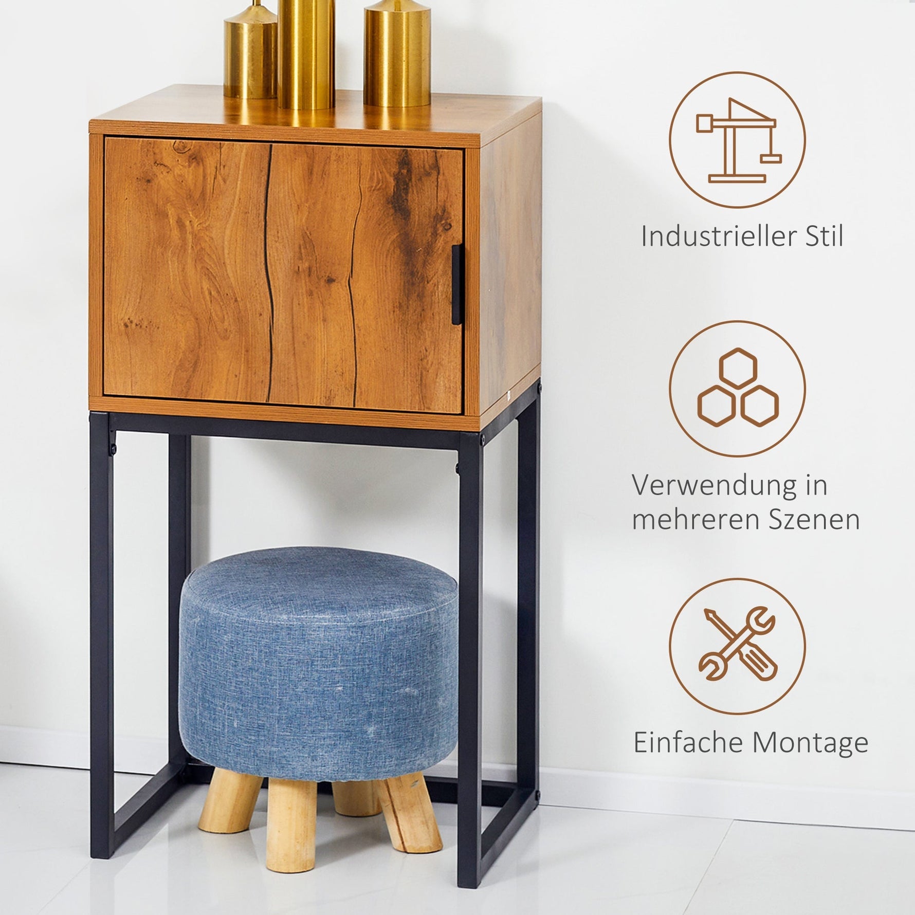 Console Table with Cabinet, Industrial Design, Natural Steel