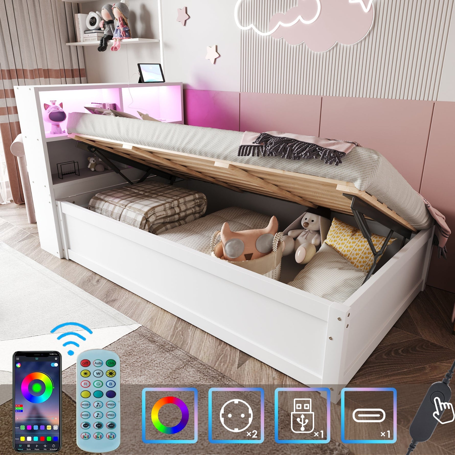 Sofa Bed 90*200, Hydraulic with Storage & Light Bar, White Wood