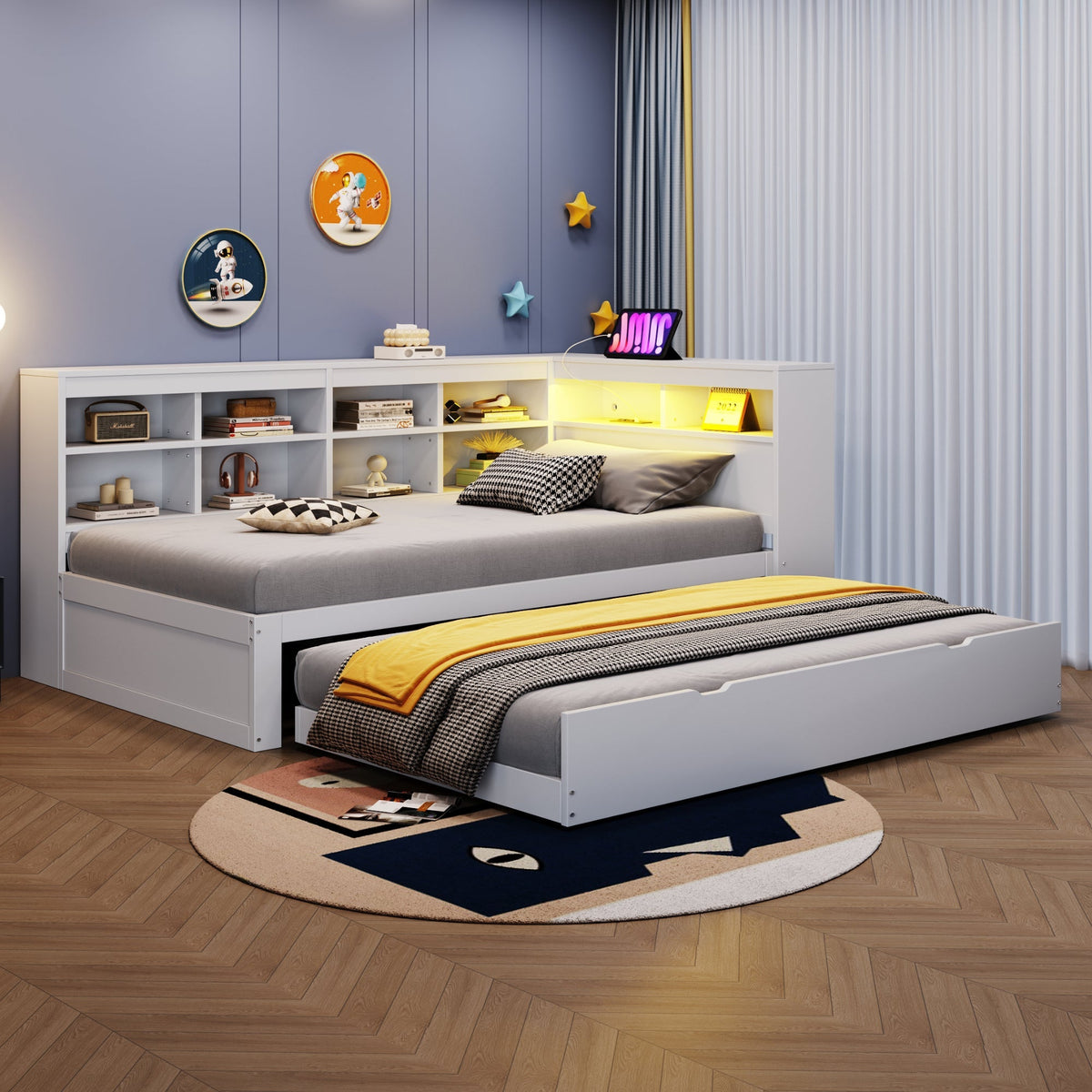 Solid Wood Sofa with Pull-Out Bed, USB & LED, White