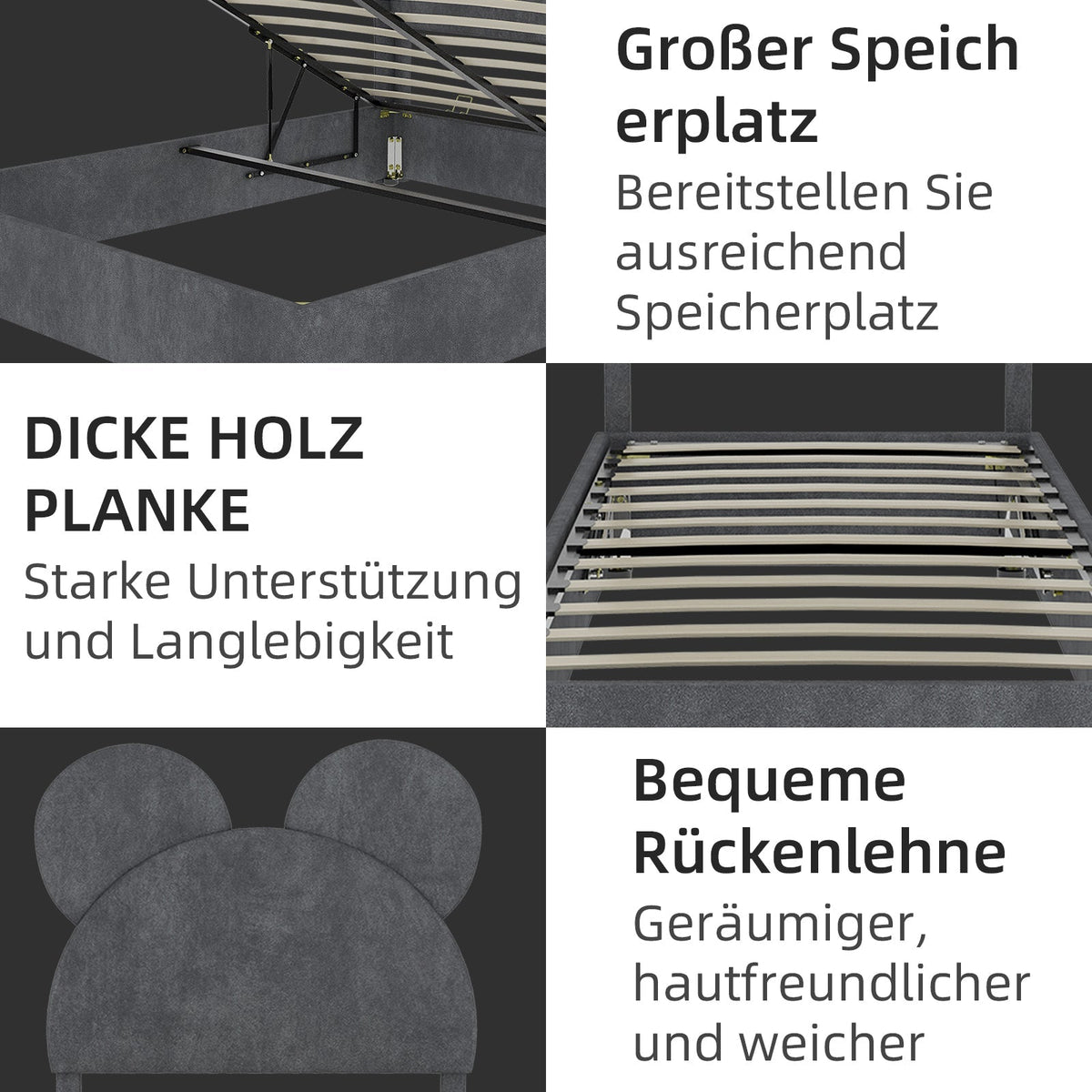 Upholstered Bed, Minimalist with Cartoon Headboard, 90x200 cm, Grey