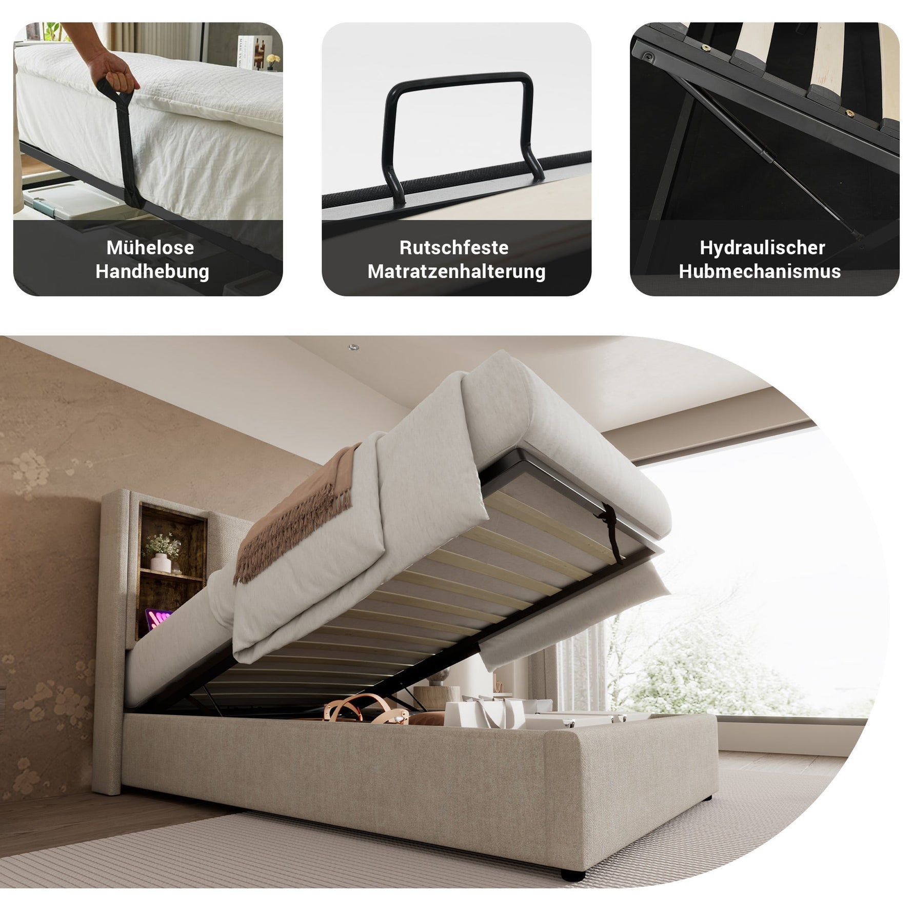Single Bed, Wireless Charging USB C, Upholstered with Storage, 90x200cm Wood-Natural Linen