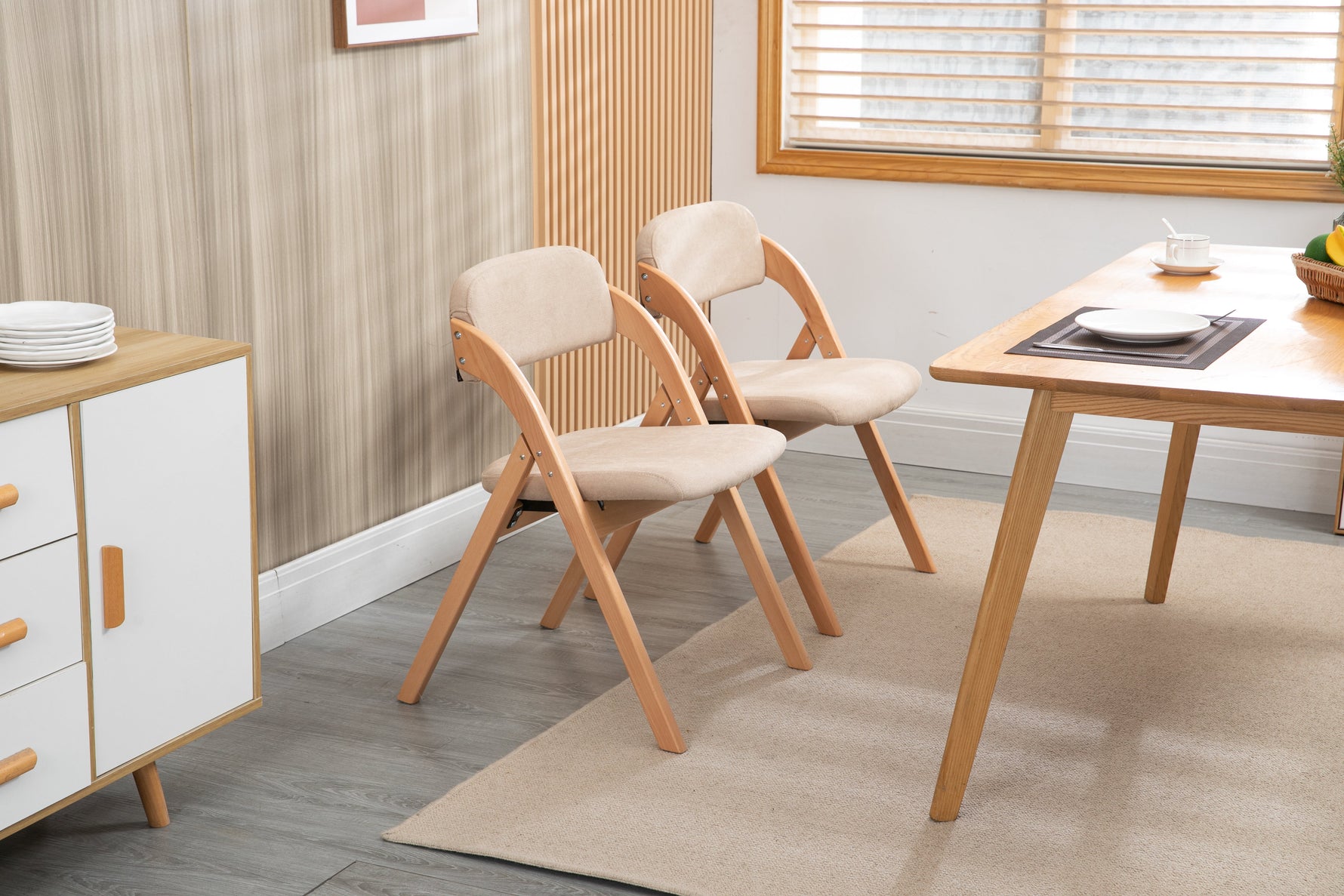 Folding Dining Chairs - Set of 2, Wooden Stackable, Padded Seats, Removable Cover - Khaki