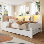 Daybed with Pull-Out Bed, LED Strip, Storage Shelf and USB Port, Pine Wood White