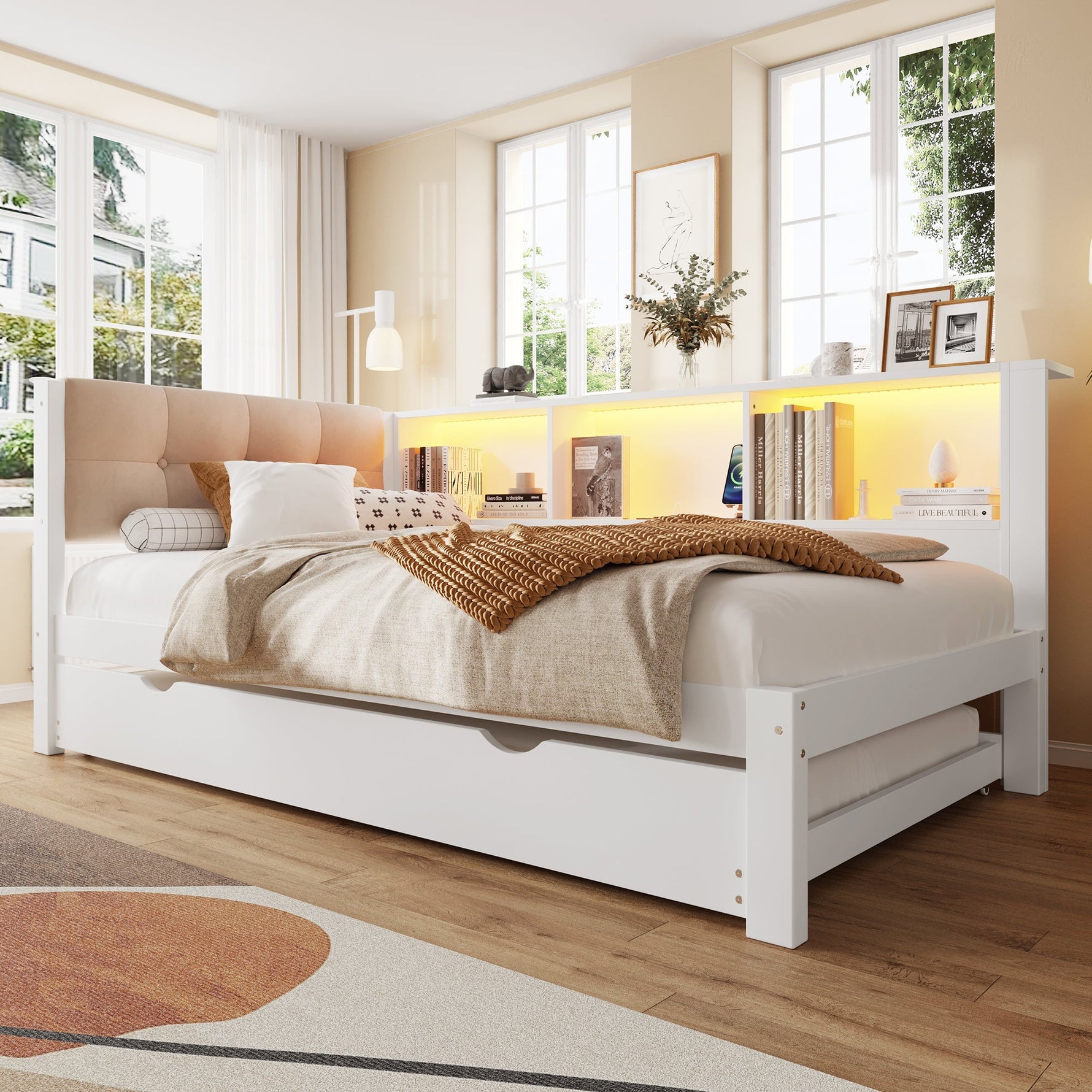 Daybed with Pull-Out Bed, LED Strip, Storage Shelf and USB Port, Pine Wood White