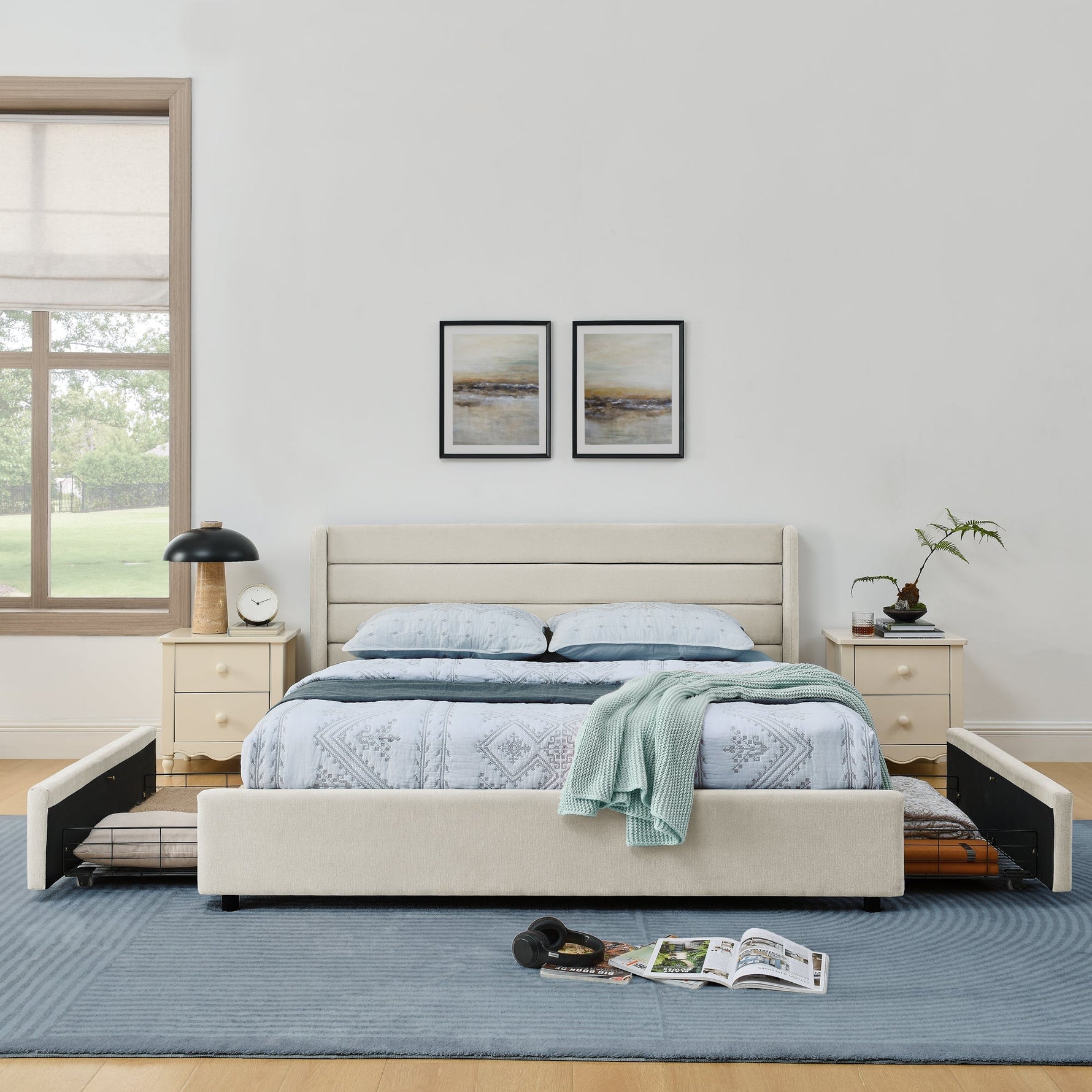 Double Bed 140x200cm 4 Storage Drawers Chenille - Beige