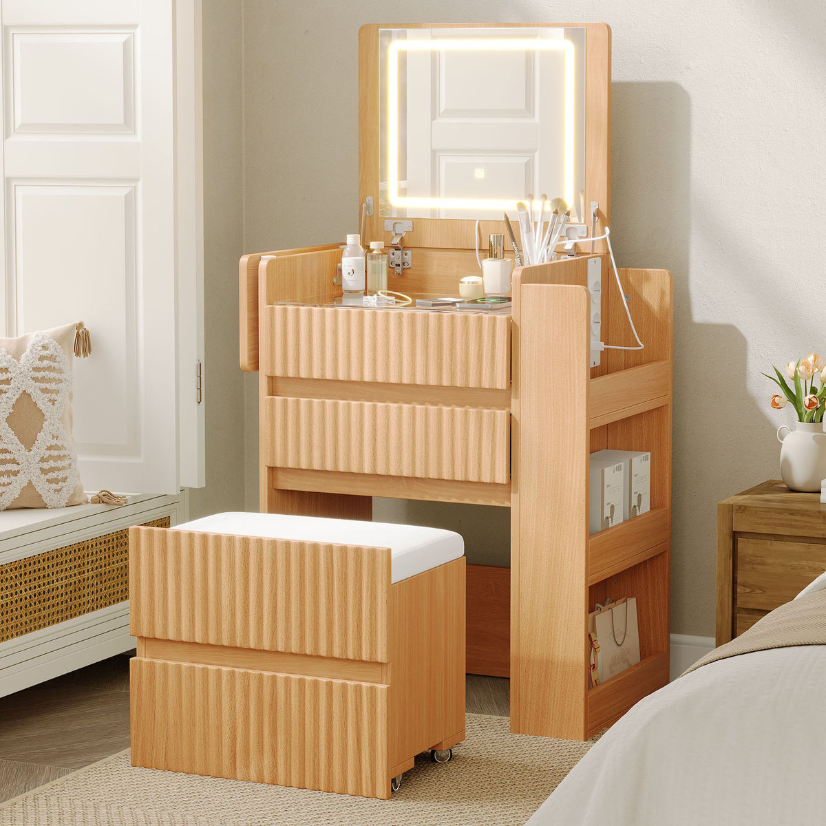 Small Vanity Table Set with LED Mirror & Power Outlets