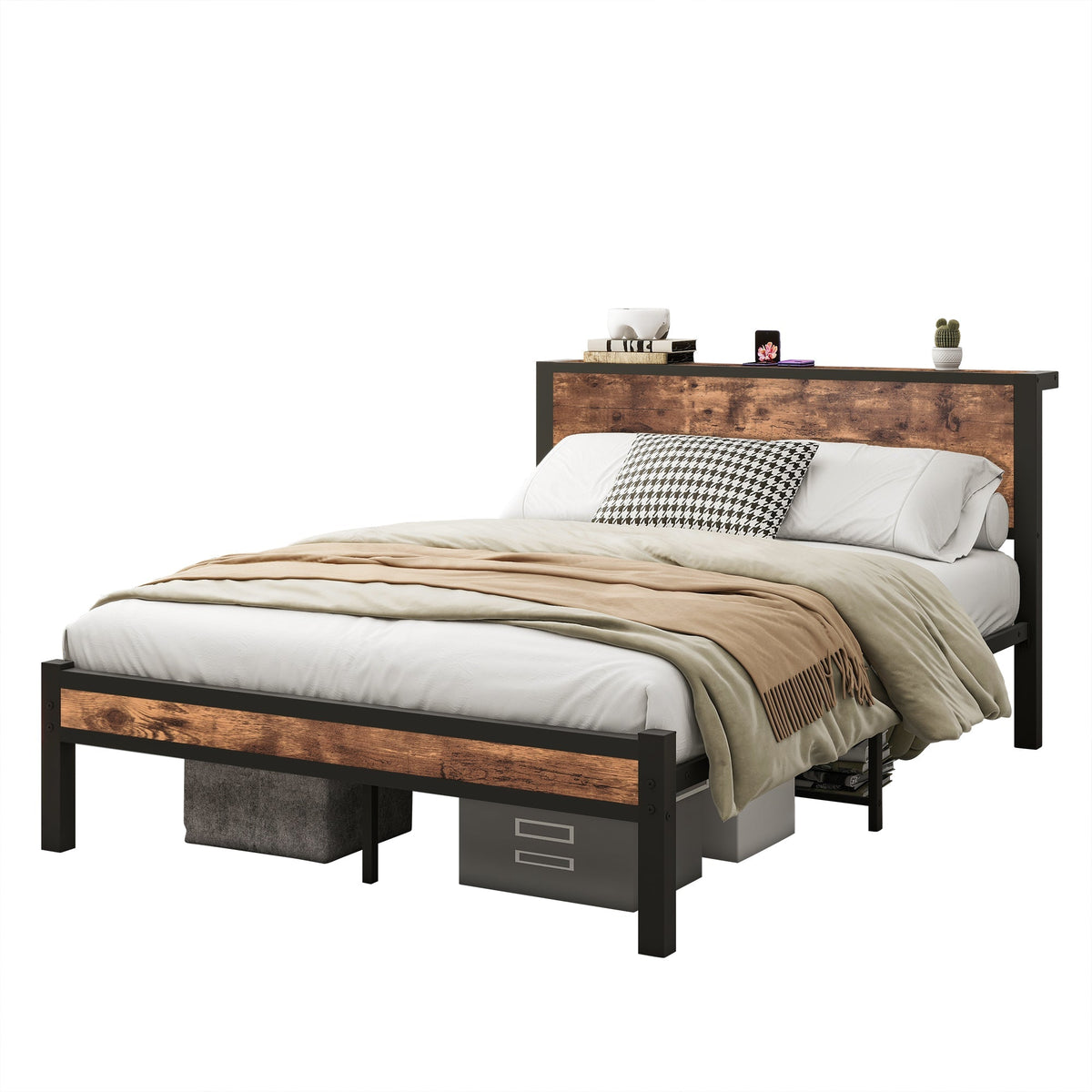 Metal Platform Bed Frame 140x200cm Storage Headboard Noiseless, Vintage Brown