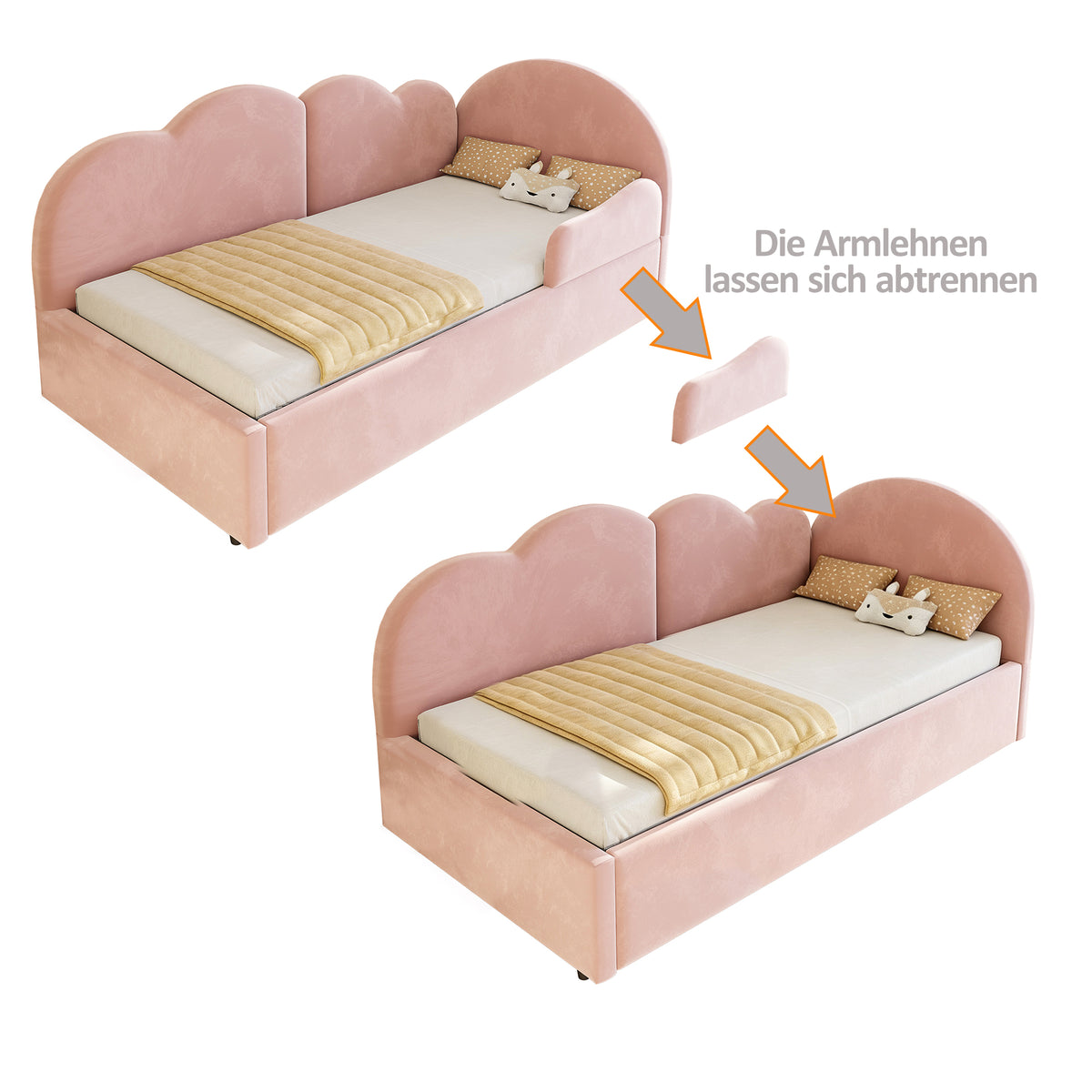 Extendable L-Shaped Sofa Bed with Cloud Headboard, Pink Velvet