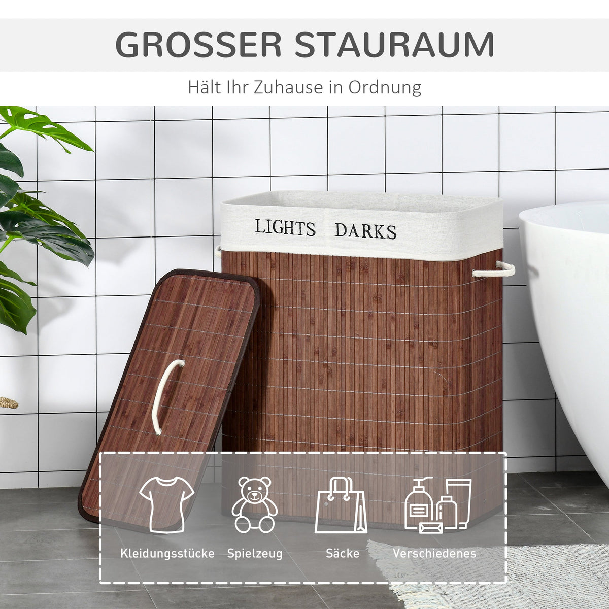 Laundry Basket Hamper 100L 3 Handles Washable Bag, Bamboo Cotton Metal Brown+White