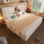 Upholstered Bed 140x190cm with Storage & Charging, Beige Linen
