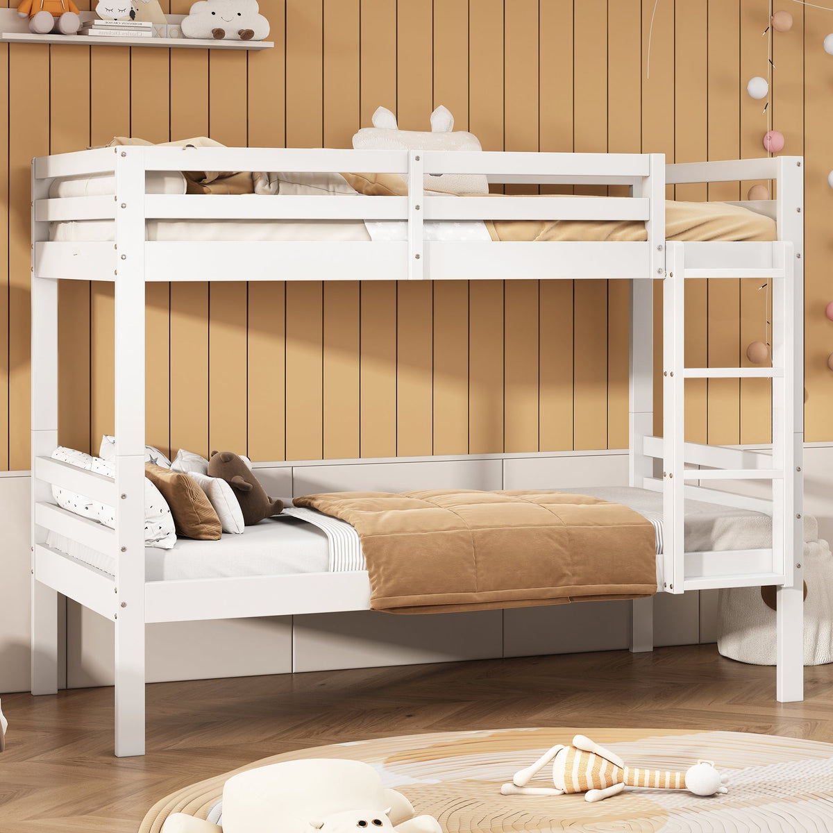 Bunk Bed for Children, Angled Ladder Fall Protection Divisible 2 Single Beds, Pine Frame White 90x200cm