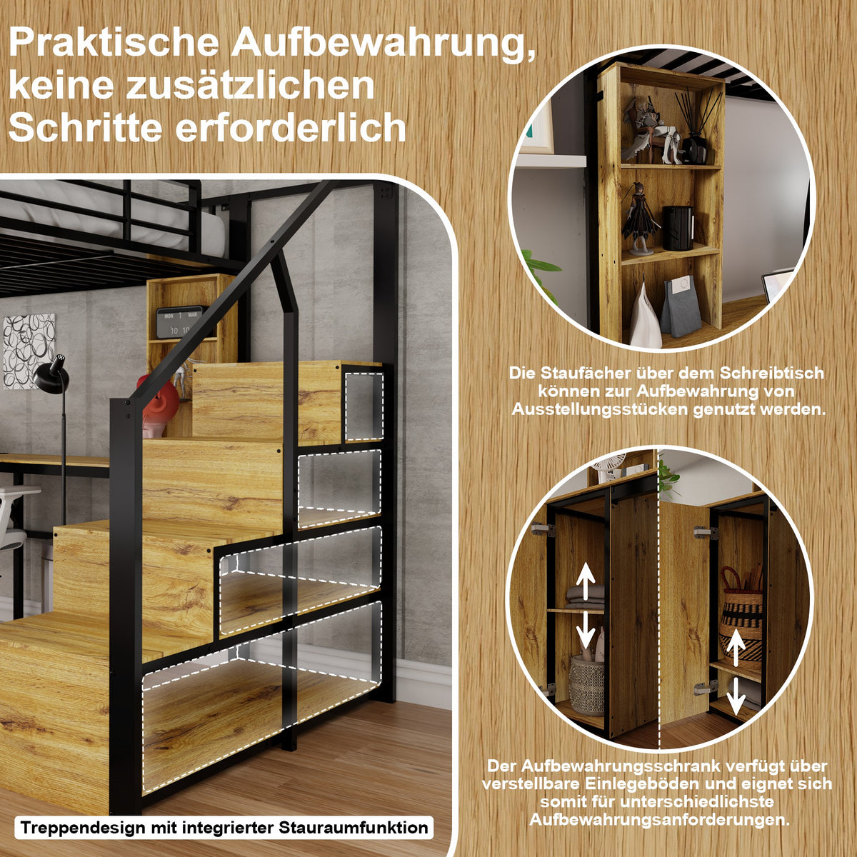 Metal Loft Bed 140x200cm with Desk & Wardrobe, Black
