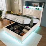 Upholstered Single Bed, 360° LED, Hydraulic Storage, USB-C Charging, White PU