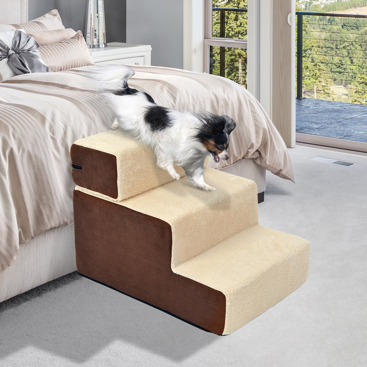 Dog Stairs, 3 Steps Pet Stairs, Plush Beige