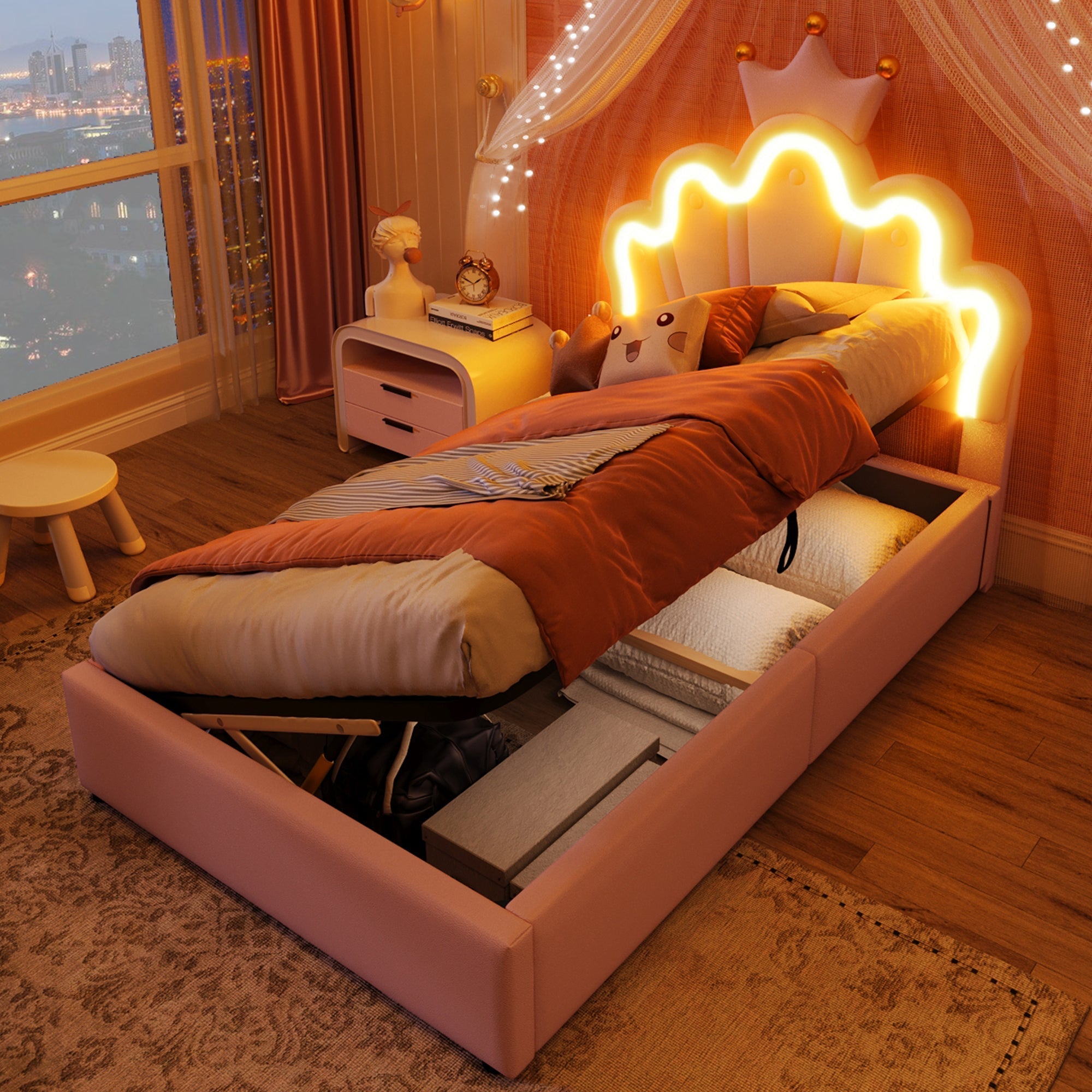 Upholstered Bed 90x200cm Hydraulic Storage LED Crown Shape Adjustable Headboard - PU Pink
