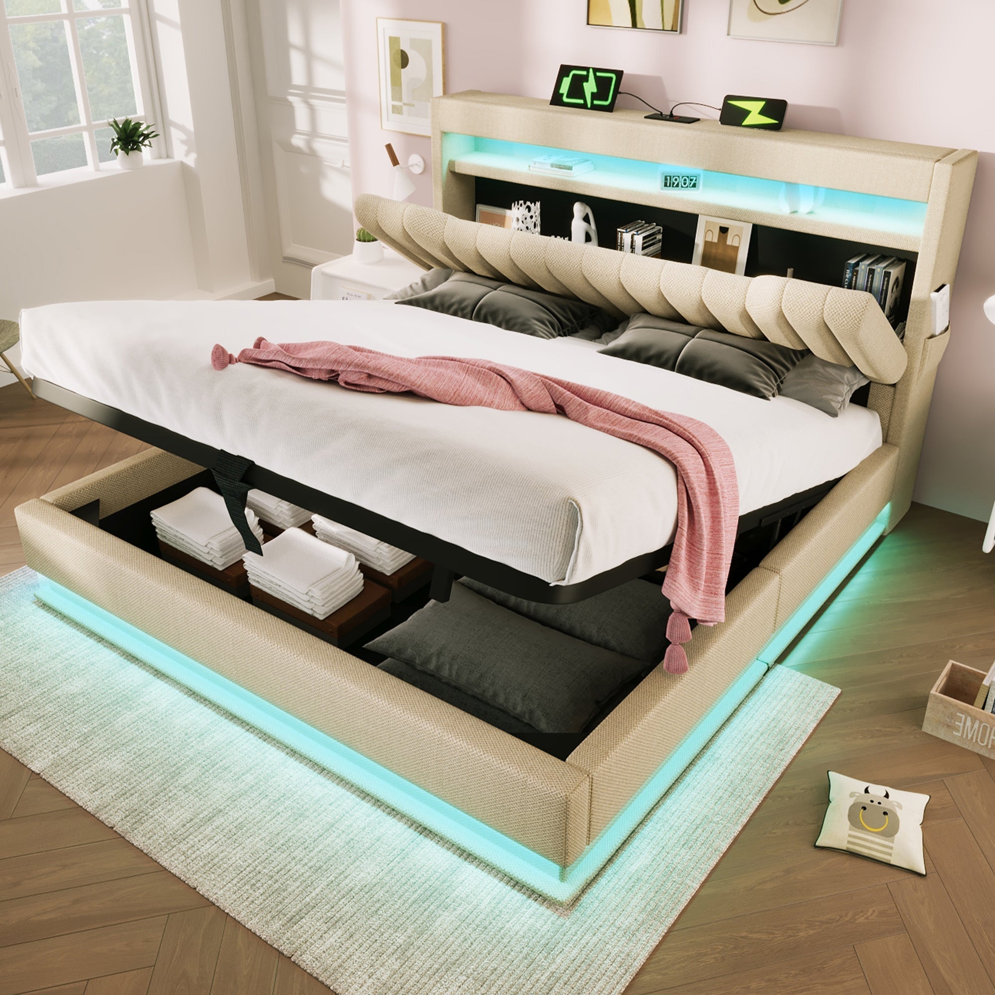 Upholstered Double Bed with Hydraulic Storage, USB, Type-C and LED Lighting, 140x190cm, Beige Linen