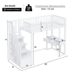 Loft Bed 90x200 Multifunctional Table Storage Stairs Pine Wood White
